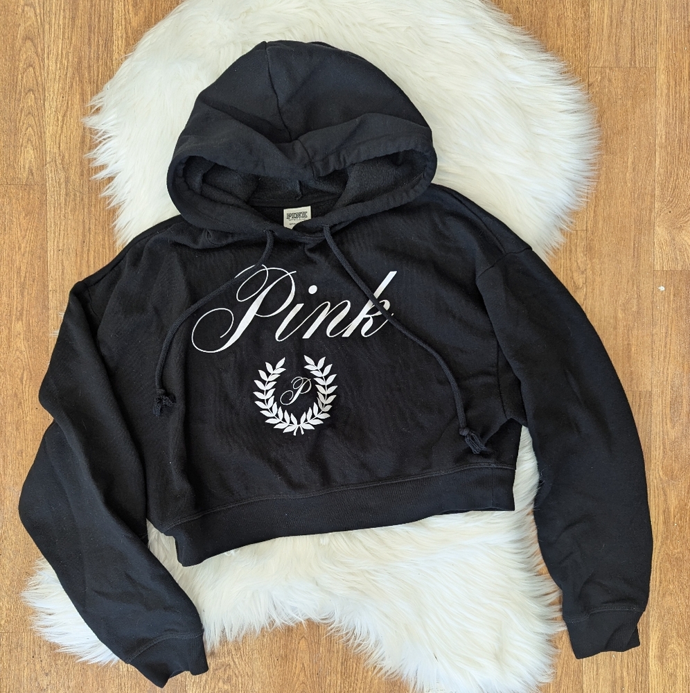 PINK Victoria's Secret Cropped Hoodie Black With White Crest Print